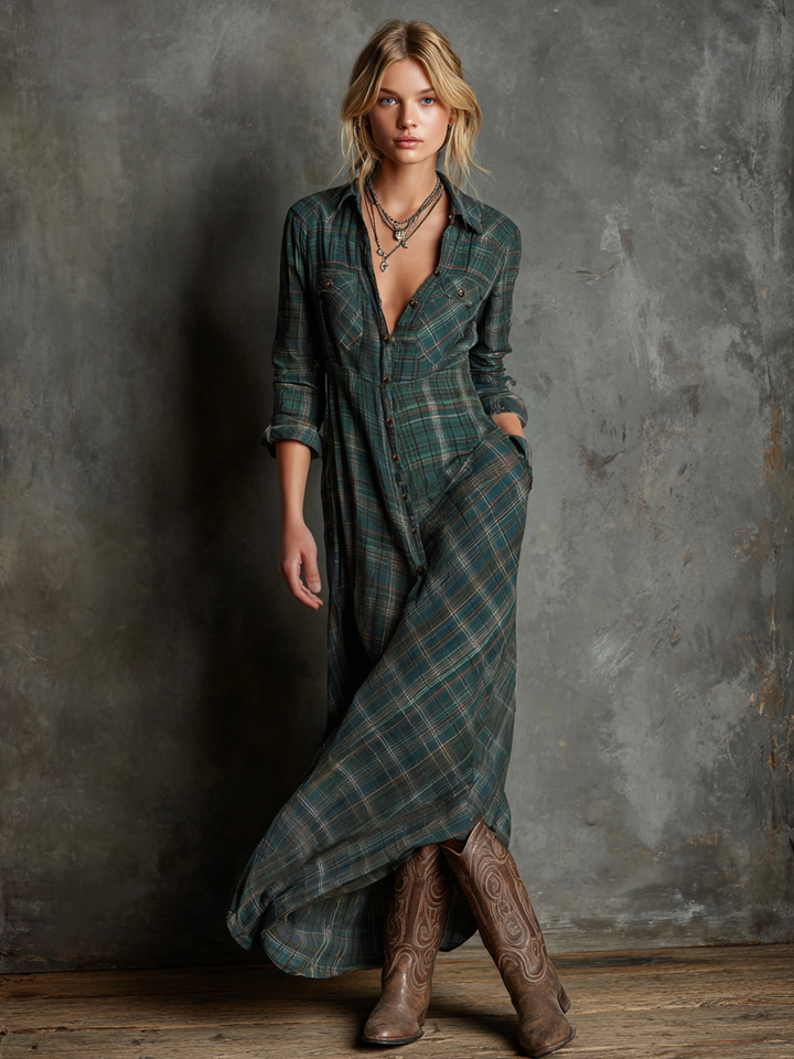 Lydia | Plaid Lapel Single-Breasted Shirt Maxi Dress