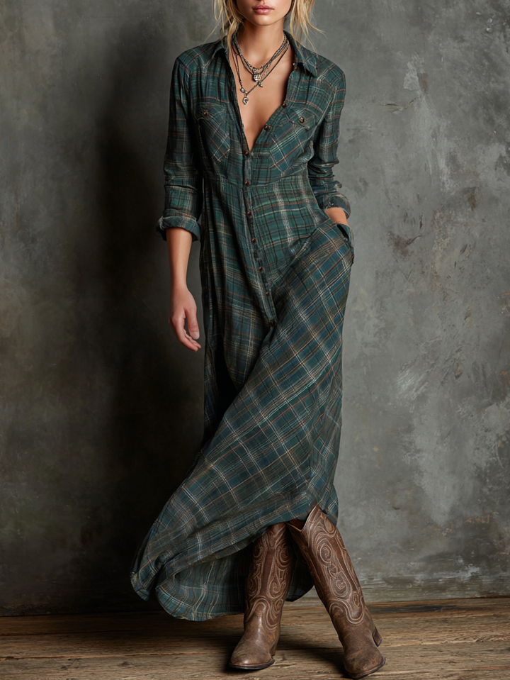Lydia | Plaid Lapel Single-Breasted Shirt Maxi Dress
